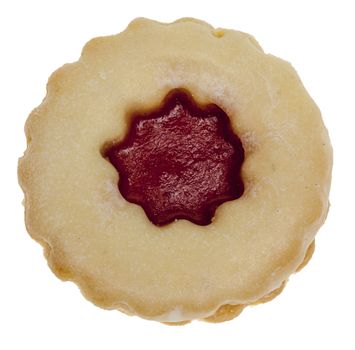 Upper view of a tasty cookie with jam isolated against a white background.