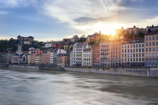 Famous view of Saone river in Lyon city at sunset, France 