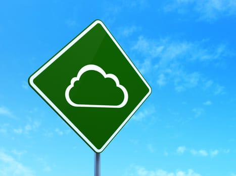 Cloud networking concept: Cloud on green road (highway) sign, clear blue sky background, 3d render