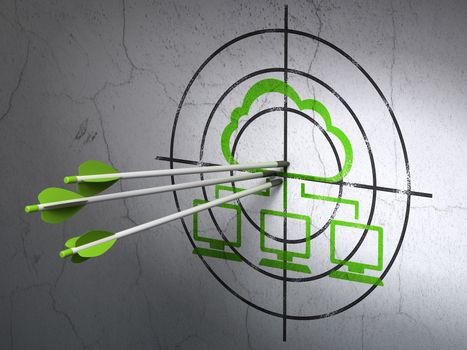 Success cloud technology concept: arrows hitting the center of Green Cloud Network target on wall background, 3d render