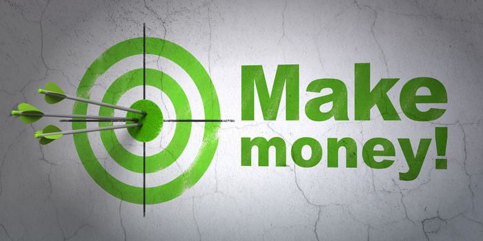 Success business concept: arrows hitting the center of target, Green Make Money! on wall background, 3d render