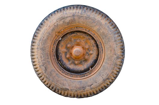 Isolated Dirty old wheel, dry mud on wheel