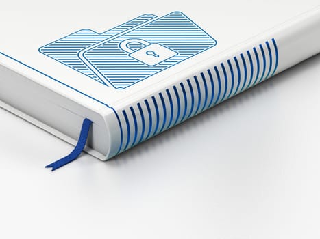 Business concept: closed book with Blue Folder With Lock icon on floor, white background, 3d render