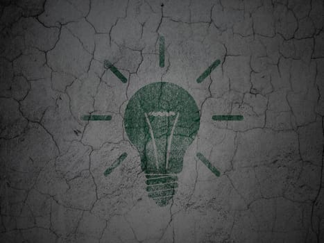 Finance concept: Green Light Bulb on grunge textured concrete wall background, 3d render