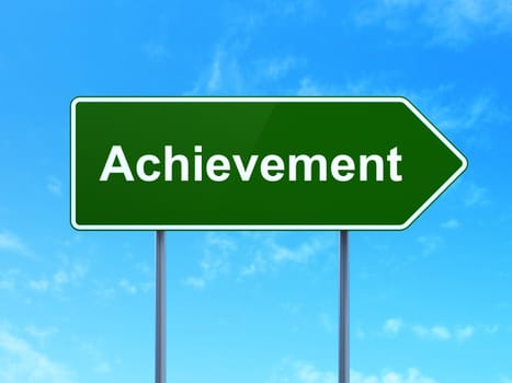 Education concept: Achievement on green road (highway) sign, clear blue sky background, 3d render