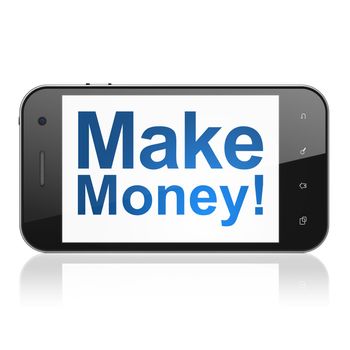 Finance concept: smartphone with text Make Money! on display. Mobile smart phone on White background, cell phone 3d render