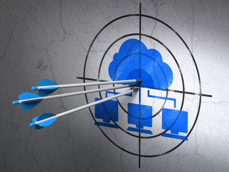 Success cloud technology concept: arrows hitting the center of Blue Cloud Network target on wall background, 3d render