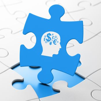 Education concept: Head With Finance Symbol on Blue puzzle pieces background, 3d render