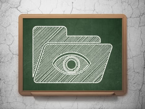 Business concept: Folder With Eye icon on Green chalkboard on grunge wall background, 3d render