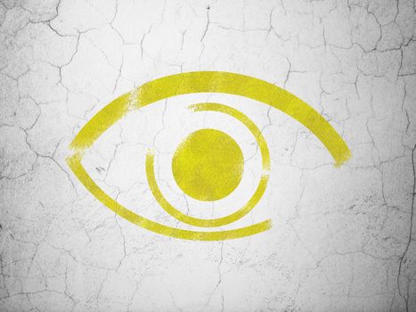 Safety concept: Yellow Eye on textured concrete wall background, 3d render