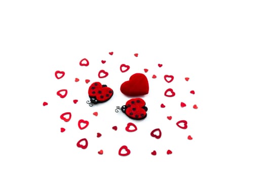 Heart and ladybugs on white background for Valentines day concept