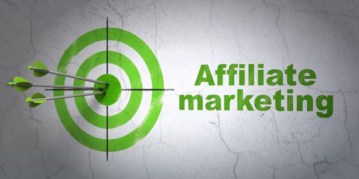 Success finance concept: arrows hitting the center of target, Green Affiliate Marketing on wall background, 3d render