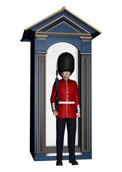 3D digital render of a royal British guardsman holding a rifle and standing near a guard box isolated on white background