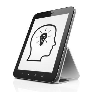 Advertising concept: black tablet pc computer with Head With Lightbulb icon on display. Modern portable touch pad on White background, 3d render