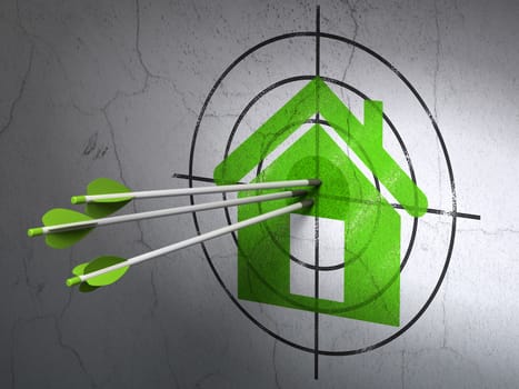 Success privacy concept: arrows hitting the center of Green Home target on wall background, 3d render