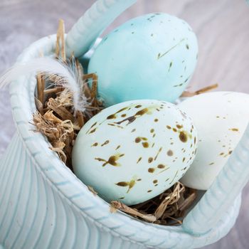 Three natural blue dyed Easter eggs in a basket with a single bird feather for a rustic seasonal celebration symbolic of the resurrection of Christ