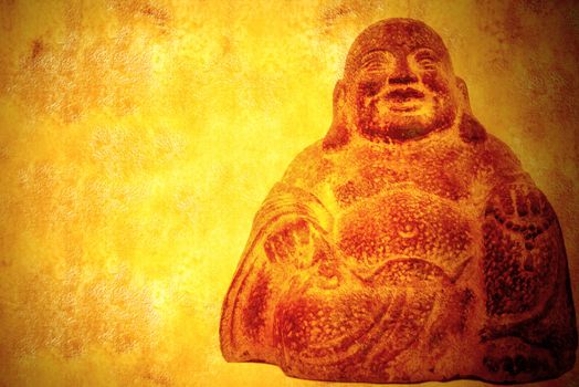 smiling buddha sitting parchment background with blank space for text or message