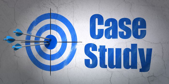 Success Education concept: arrows hitting the center of target, Blue Case Study on wall background, 3d render