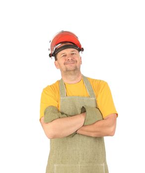 Welder in gloves and apron. Isolated on a white background.
