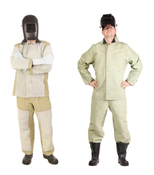 Two welder men with mask. Isolated on a white background.