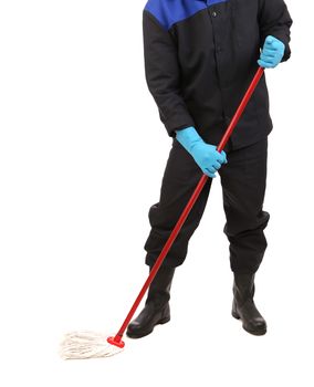 Man in workwear cleaning with mop. Isolated on a white background