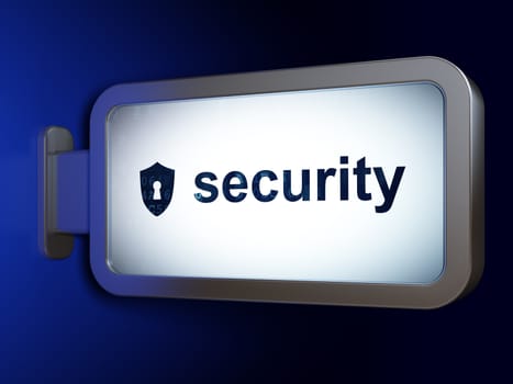 Protection concept: Security and Shield With Keyhole on advertising billboard background, 3d render