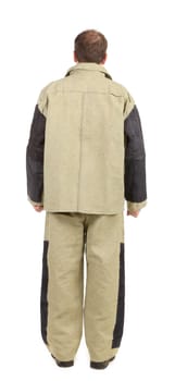 Welder in workwear suit. Back view. Isolated on a white background.