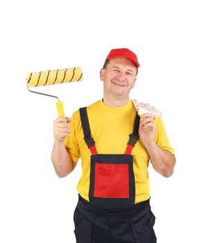 Worker with roll and gloves. Isolated on a white background.