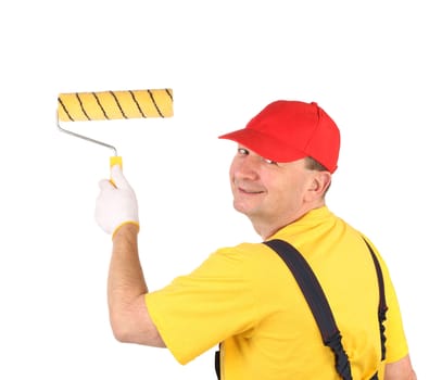 Worker with roll. Isolated on a white background.