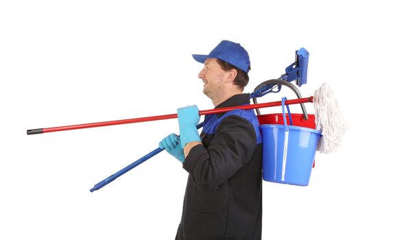 Man holding cleaning supplies. Isolated on a white background.