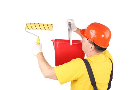 Worker with roll and bucket. Isolated on a white background.