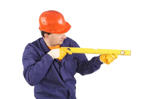 Worker in hardhat with measure ruler. Isolated on a white background.