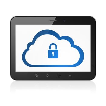 Cloud computing concept: black tablet pc computer with Cloud With Padlock icon on display. Modern portable touch pad on White background, 3d render