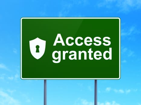 Privacy concept: Access Granted and Shield With Keyhole icon on green road (highway) sign, clear blue sky background, 3d render