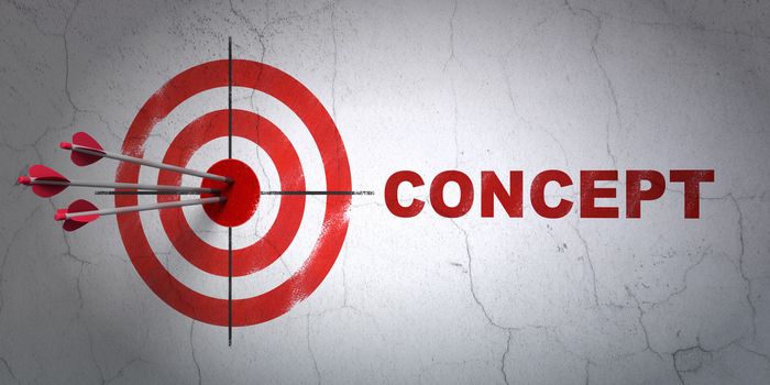 Success marketing concept: arrows hitting the center of target, Red Concept on wall background, 3d render