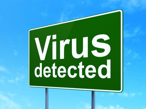 Security concept: Virus Detected on green road (highway) sign, clear blue sky background, 3d render