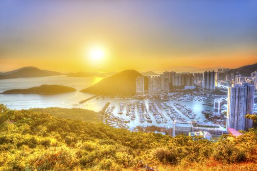 Sunset at Aberdeen harbor in Hong Kong