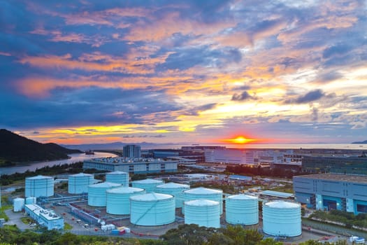 Oil tanks at sunset in Hong Kong