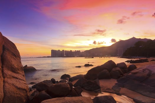 Sunset with sea stones in Hong Kong