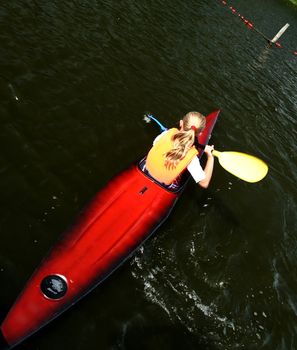 Young people on kayak in denmark on a lake