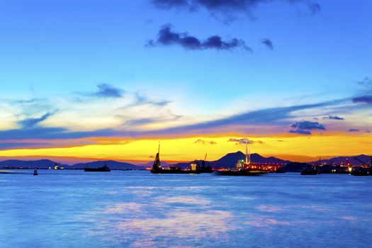 Sunset at cargo terminal in Hong Kong