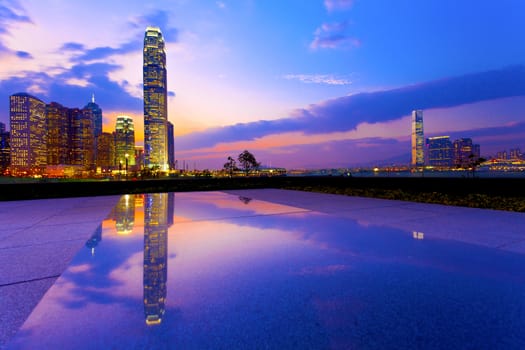 Hong Kong harbor with modern buildings at sunset