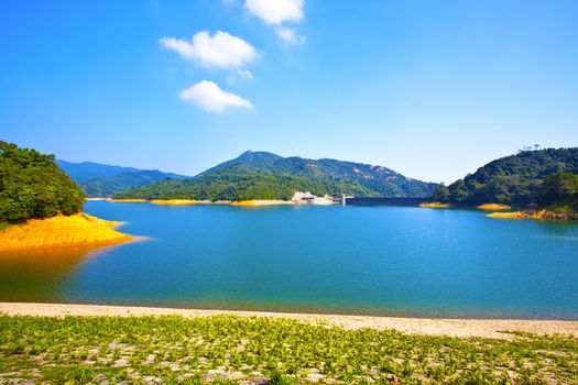 Beautiful blue clear water along the lake in Hong Kong