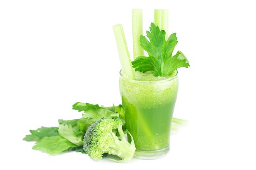 broccoli,celery and glass with celery juice isolated on white