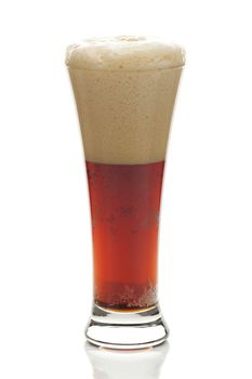 dark beer with the foam in a tall glass isolated on white