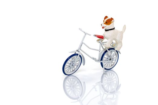 toy dog on bike isolated on white