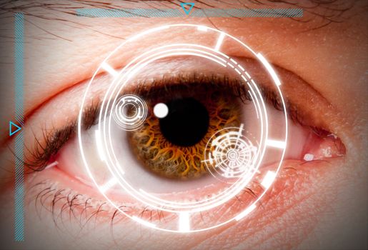 Futuristic biometric scan of the eye iris for security and high level clearance.