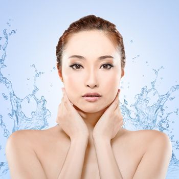 Asian beauty face with water, closeup portrait with clean and fresh elegant lady.