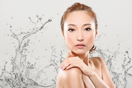 Asian beauty face with water, closeup portrait with clean and fresh elegant lady.