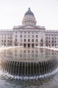 A fountain runs 24/7 on the grounds of Utah's State Capital